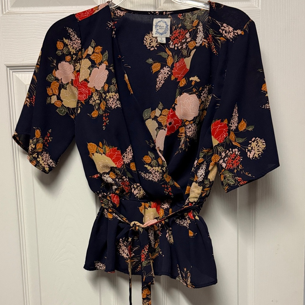 Blue Rain Navy Floral Wrap Blouse- gently worn